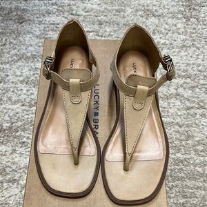 Lucky Brand Tan T-Strap Sandals with Gold Buckle